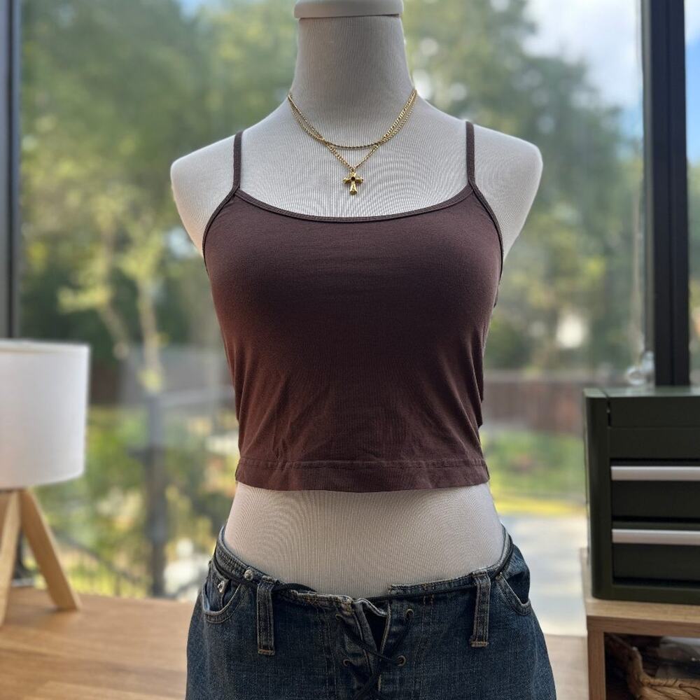BP. Brown Crop Cami Tank Top Womens S Organic Cotton Spaghetti Strap Fitted